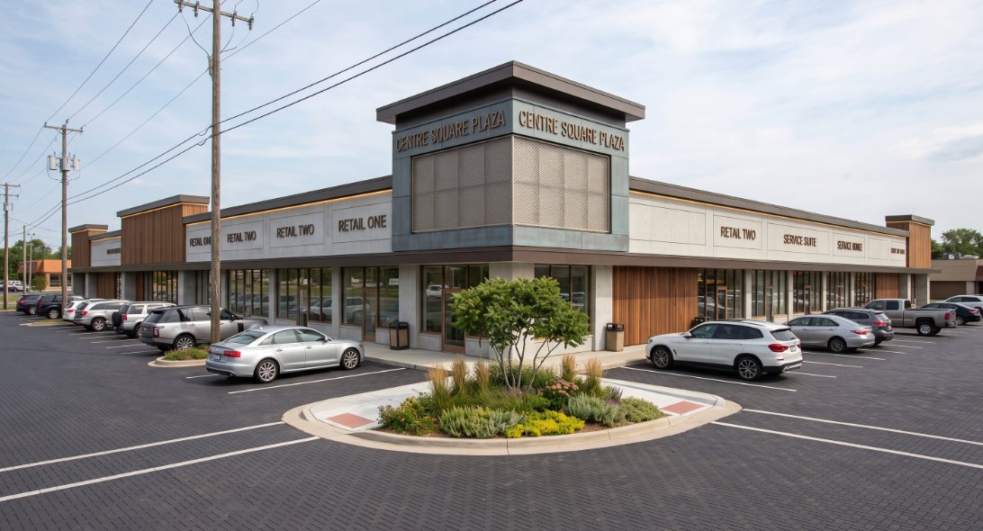 Neighborhood retail center with storefronts and parking